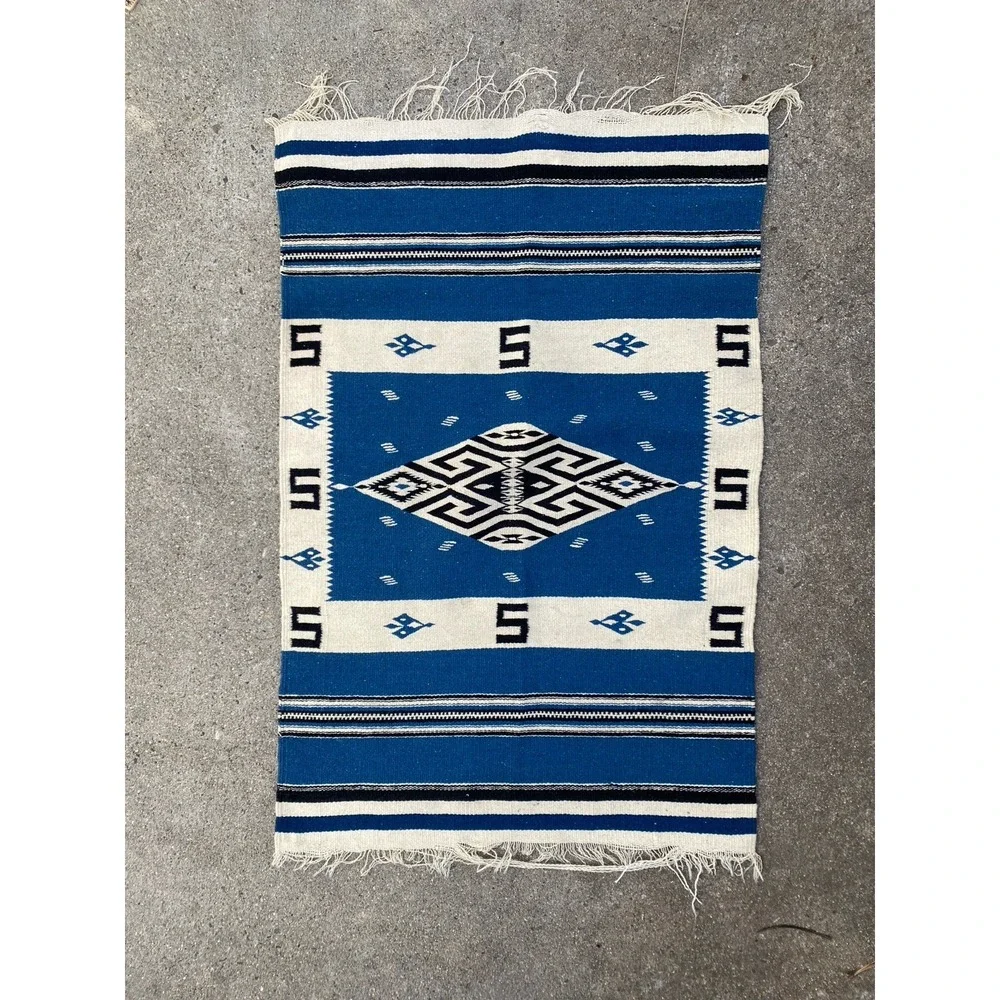 Antique Texcoco Rug Woven Blue Mexico Rio Grande 38x25 RARE